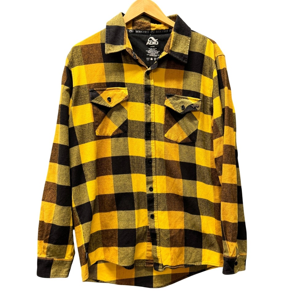 Adio Flannel Shirt Mens Large Buffalo Plaid Yellow Skateboard Button Up Grunge